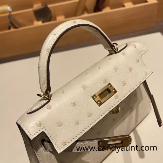 Hermes kelly20 ostrich 19cm3C /Parchemin Gold Hardware    Full Handmade kellymini-016