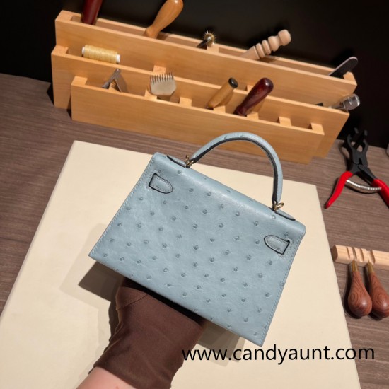 Hermes kelly20 ostrich 19cm J7 /Blue Lin Gold Hardware    Full Handmade kellymini-019