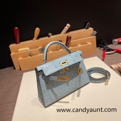 Hermes kelly20 ostrich 19cm J7 /Blue Lin Gold Hardware    Full Handmade kellymini-019