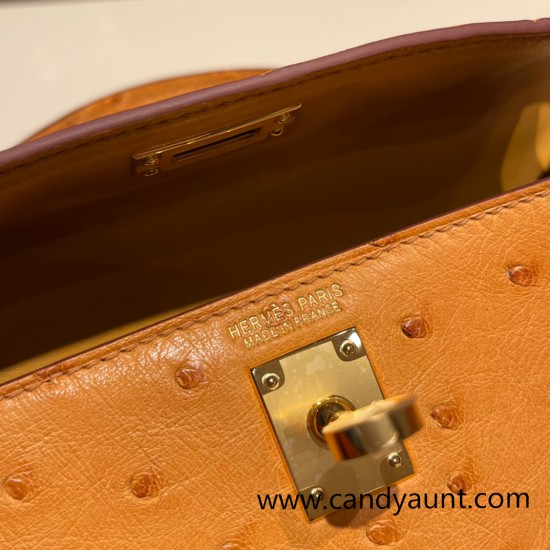 Hermes kelly20 ostrich 19cm 22 /Saffron Gold Hardware Full Handmade kellymini-021