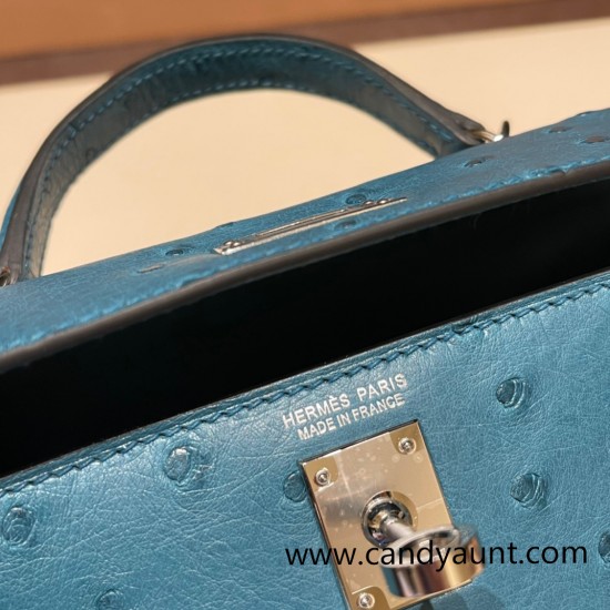 Hermes kelly20 ostrich 19cm W0 /Vert Bosphore Silver Hardware  Full Handmade kellymini-023