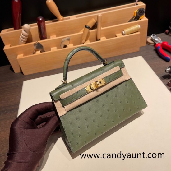 Hermes kelly20 ostrich 19cm V6/ /Canope & G8 /Vert Maquis Gold Hardware  Full Handmade kellymini-024