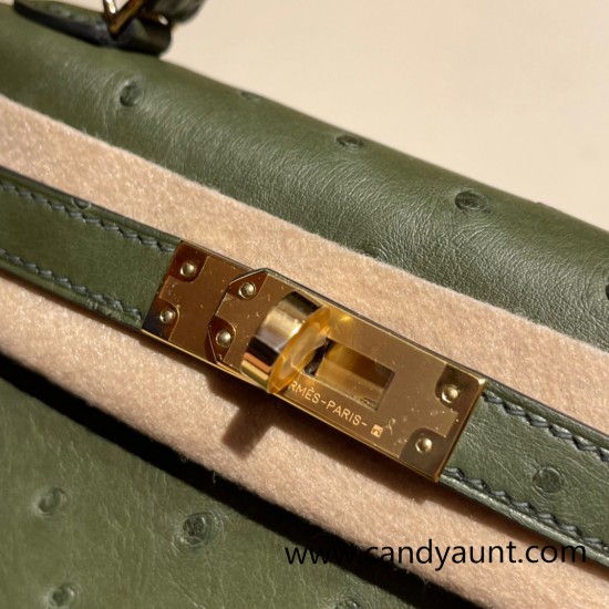 Hermes kelly20 ostrich 19cm V6/ /Canope & G8 /Vert Maquis Gold Hardware  Full Handmade kellymini-024