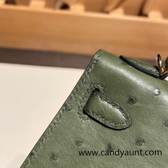 Hermes kelly20 ostrich 19cm V6/ /Canope & G8 /Vert Maquis Gold Hardware  Full Handmade kellymini-024