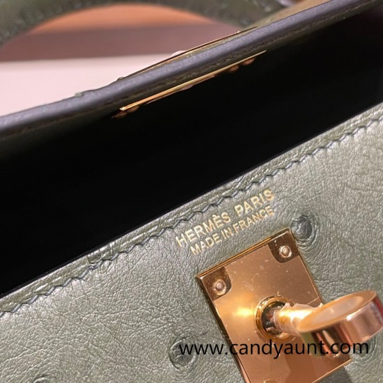 Hermes kelly20 ostrich 19cm V6/ /Canope & G8 /Vert Maquis Gold Hardware  Full Handmade kellymini-024