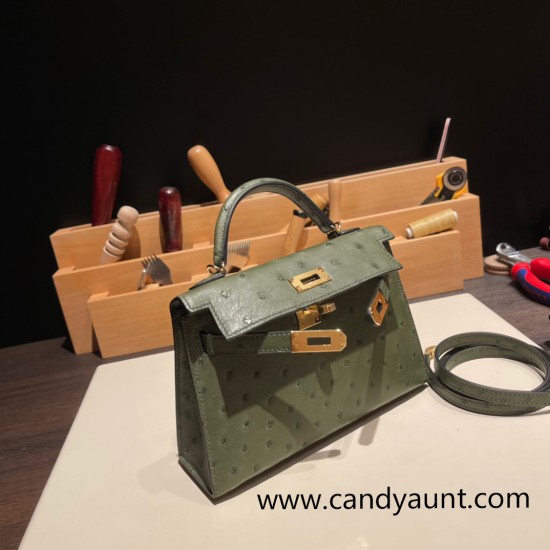 Hermes kelly20 ostrich 19cm V6/ /Canope & G8 /Vert Maquis Gold Hardware  Full Handmade kellymini-024