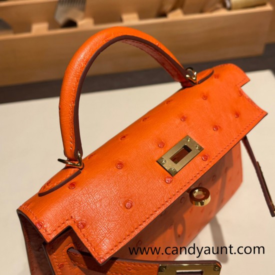 Hermes kelly20 ostrich 19cm 93 /Orange Gold Hardware  Full Handmade kellymini-025