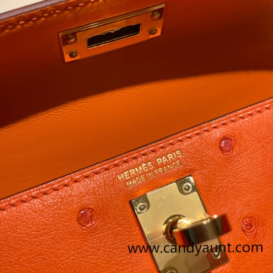 Hermes kelly20 ostrich 19cm 93 /Orange Gold Hardware  Full Handmade kellymini-025