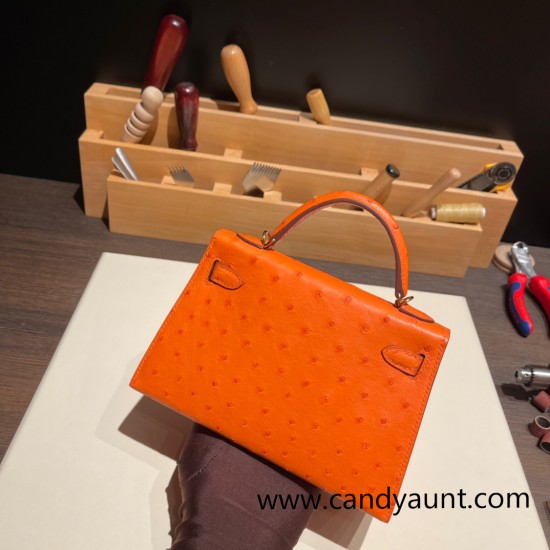 Hermes kelly20 ostrich 19cm 93 /Orange Gold Hardware  Full Handmade kellymini-025