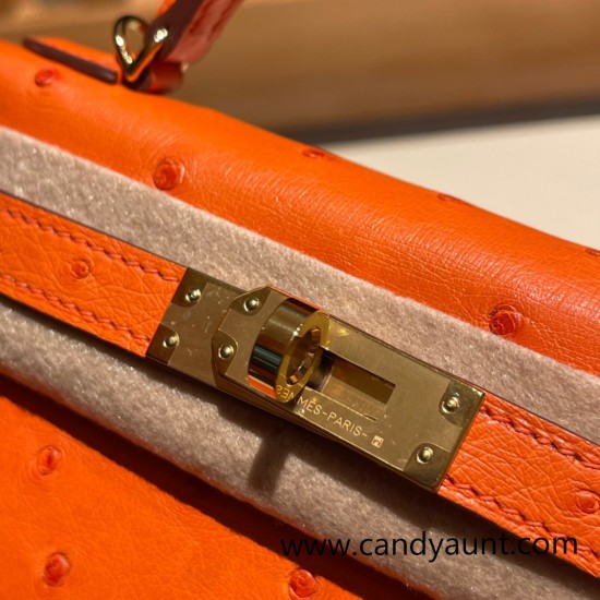 Hermes kelly20 ostrich 19cm 93 /Orange Gold Hardware  Full Handmade kellymini-025