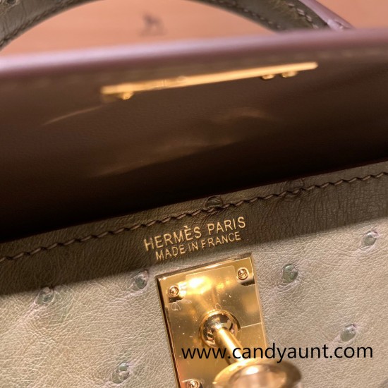 Hermes kelly20 ostrich 19cm Q1 /Sauge Gold Hardware     Full Handmade kellymini-027