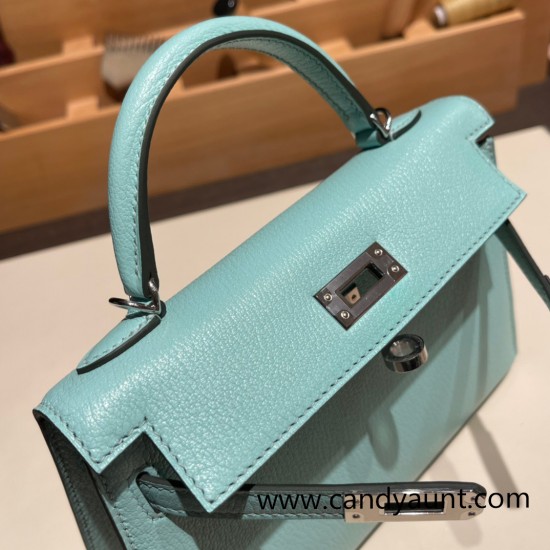 Hermes kelly20 chevre19cm 7V /Lagon Silver Hardware Full Handmade kellymini-028