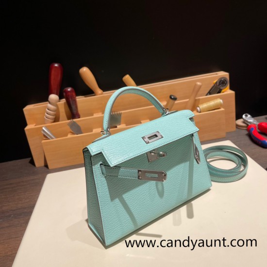 Hermes kelly20 chevre19cm 79 /Aqua Silver Hardware Full Handmade kellymini-029