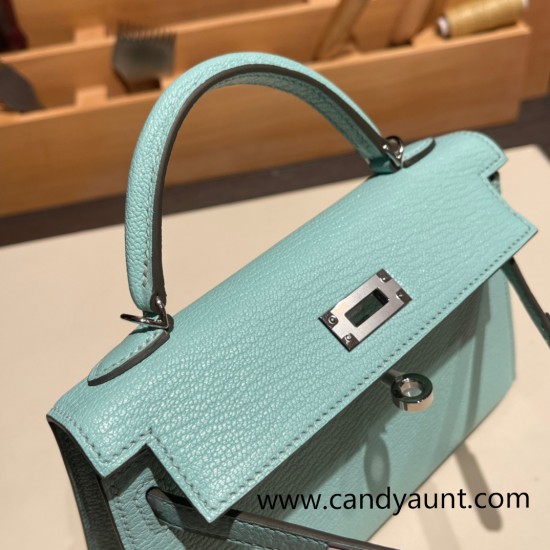 Hermes kelly20 chevre19cm 79 /Aqua Silver Hardware Full Handmade kellymini-029