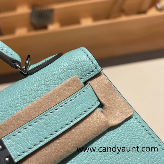 Hermes kelly20 chevre19cm 79 /Aqua Silver Hardware Full Handmade kellymini-029