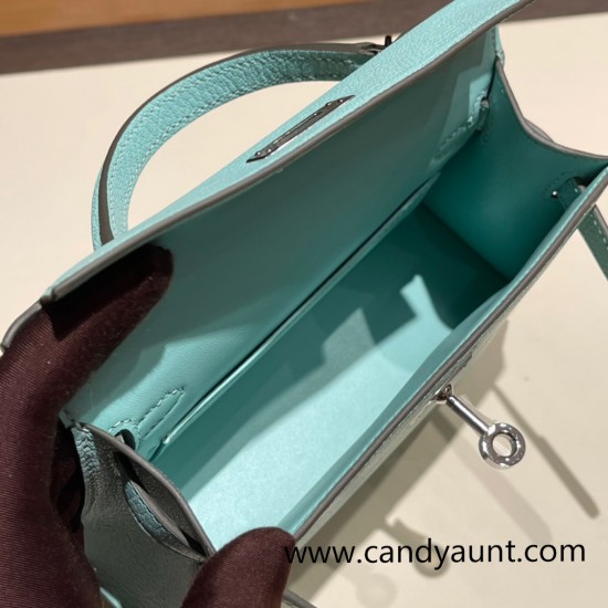 Hermes kelly20 chevre19cm 79 /Aqua Silver Hardware Full Handmade kellymini-029