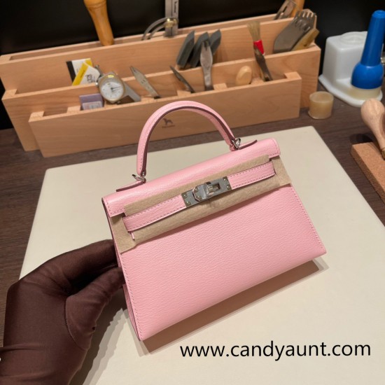 Hermes kelly20 chevre 19cm 3Q /Rose Sakura Silver Hardware    Full Handmade kellymini-033