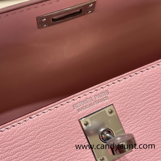 Hermes kelly20 chevre 19cm 3Q /Rose Sakura Silver Hardware    Full Handmade kellymini-033