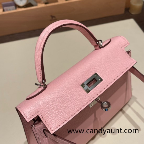 Hermes kelly20 chevre 19cm 3Q /Rose Sakura Silver Hardware    Full Handmade kellymini-033