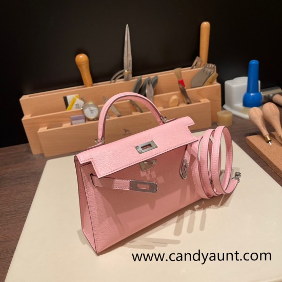 Hermes kelly20 chevre 19cm 3Q /Rose Sakura Silver Hardware    Full Handmade kellymini-033