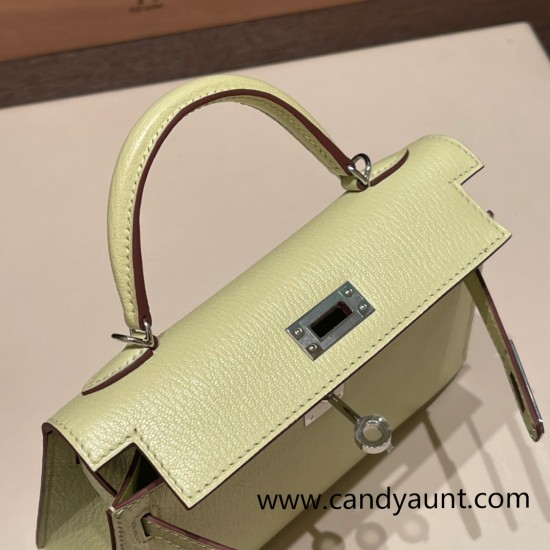 Hermes kelly20 chevre 19cm R9 /Jaune Bourgeon Silver Hardware Full Handmade kellymini-034