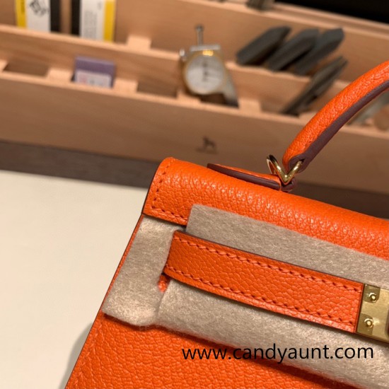 Hermes kelly20 chevre 19cm93 /Orange Gold Hardware  Full Handmade kellymini-035