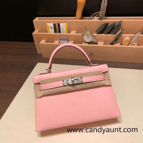 Hermes kelly20 chevre 19cm 3Q /Rose Sakura Silver Hardware Full Handmade kellymini-037