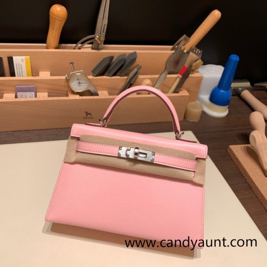 Hermes kelly20 chevre 19cm 3Q /Rose Sakura Silver Hardware Full Handmade kellymini-037