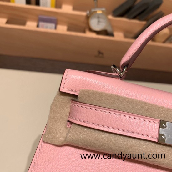 Hermes kelly20 chevre 19cm 3Q /Rose Sakura Silver Hardware Full Handmade kellymini-037