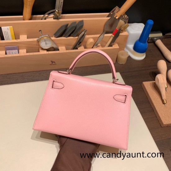 Hermes kelly20 chevre 19cm 3Q /Rose Sakura Silver Hardware Full Handmade kellymini-037