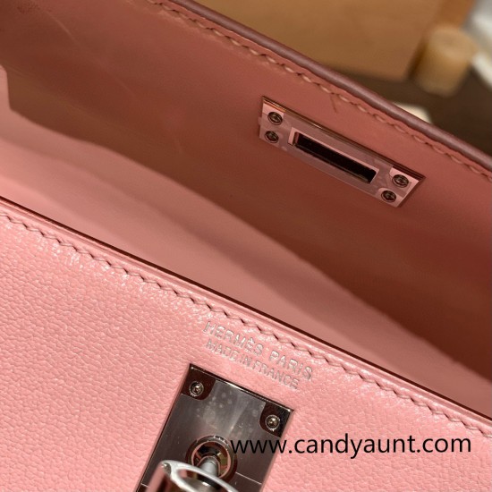 Hermes kelly20 chevre 19cm 3Q /Rose Sakura Silver Hardware Full Handmade kellymini-037