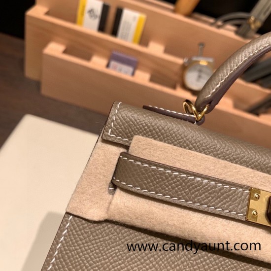 Hermes kelly20 epsom19cm 8C /Elephant Grey Gold Hardware Full Handmade kellymini-040