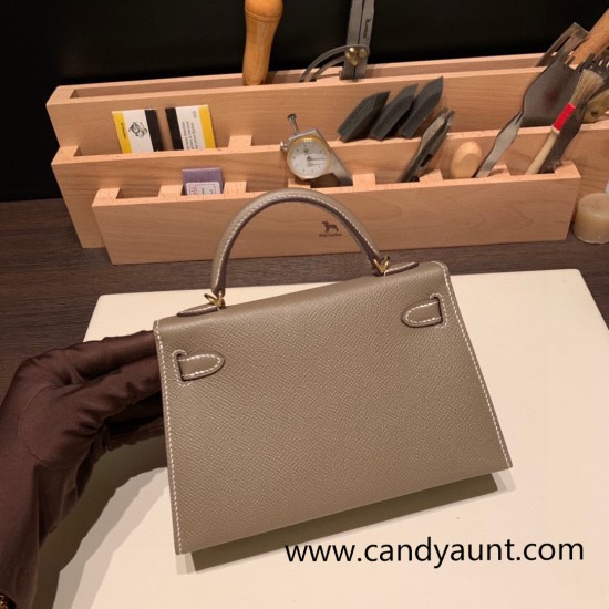 Hermes kelly20 epsom19cm 8C /Elephant Grey Gold Hardware Full Handmade kellymini-040