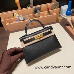 Hermes kelly20 epsom19cm 89 /Black (Noir) Gold Hardware    Full Handmade kellymini-048