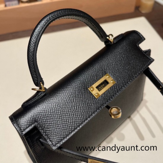 Hermes kelly20 epsom19cm 89 /Black (Noir) Gold Hardware    Full Handmade kellymini-048