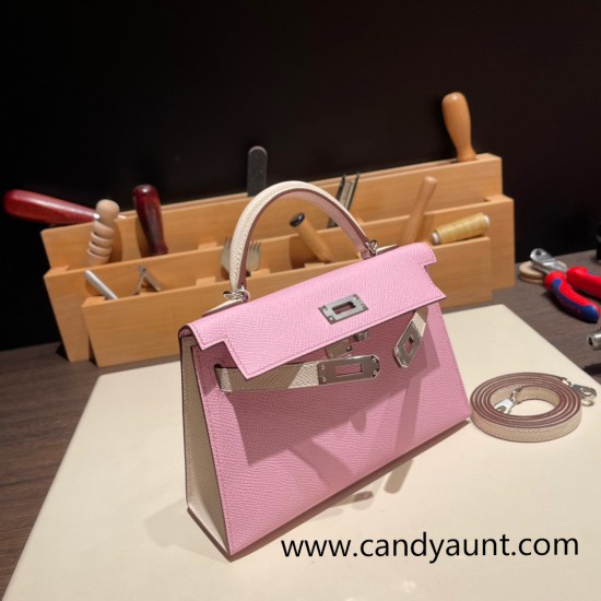 Hermes kelly20 epsom19cm X9 /Mauve Sylvestre &10 /Craie Silver Hardware Full Handmade kellymini-055