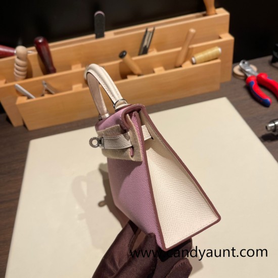 Hermes kelly20 epsom19cm X9 /Mauve Sylvestre &10 /Craie Silver Hardware Full Handmade kellymini-055