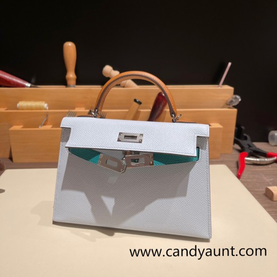 Hermes kelly20 epsom19cm 7R/ Azur & O6/Vert Jade &37 /Gold Silver Hardware  Full Handmade kellymini-066