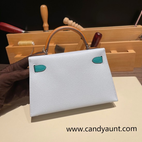 Hermes kelly20 epsom19cm 7R/ Azur & O6/Vert Jade &37 /Gold Silver Hardware  Full Handmade kellymini-066