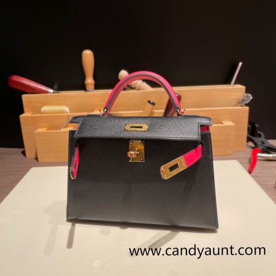 Hermes kelly20 epsom19cm 89 /Black (Noir)& I6/ Rose Extreme Gold Hardware Full Handmade kellymini-067