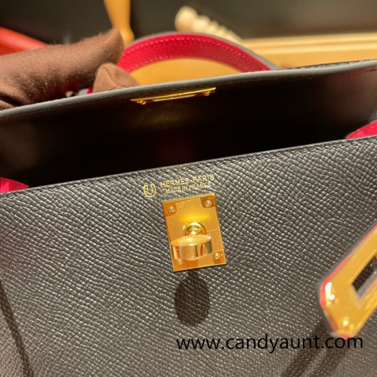 Hermes kelly20 epsom19cm 89 /Black (Noir)& I6/ Rose Extreme Gold Hardware Full Handmade kellymini-067