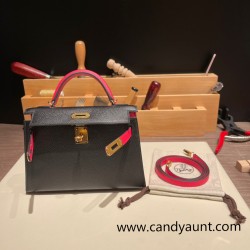 Hermes kelly20 epsom19cm 89 /Black (Noir)& I6/ Rose Extreme Gold Hardware Full Handmade kellymini-067