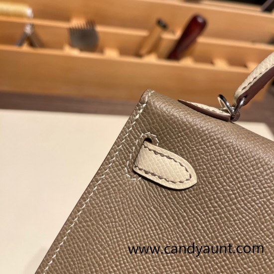 Hermes kelly20 epsom19cm 8C /Elephant Grey&10/ Craie Silver Hardware Full Handmade kellymini-068