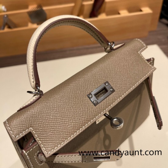 Hermes kelly20 epsom19cm 8C /Elephant Grey&10/ Craie Silver Hardware Full Handmade kellymini-068