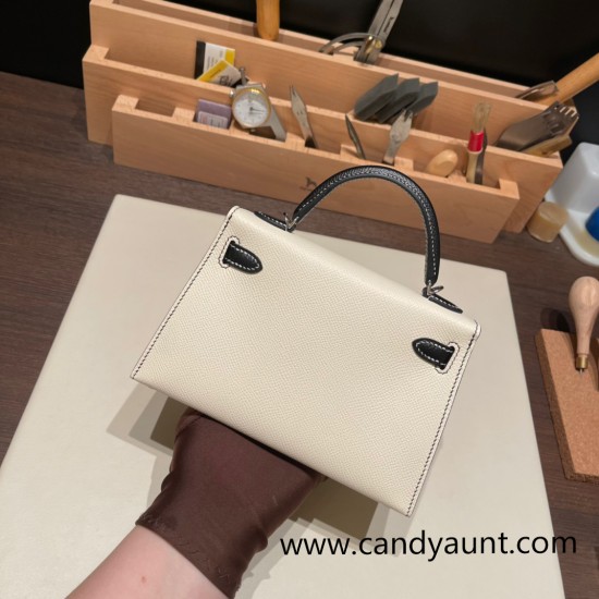 Hermes kelly20 epsom19cm 10/ Craie & 89 /Black (Noir)  Silver Hardware  Full Handmade kellymini-071