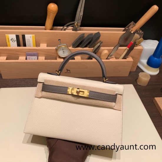 Hermes kelly20 epsom19cm 10 /Craie & 8F/Etain Gold Hardware  Full Handmade kellymini-083