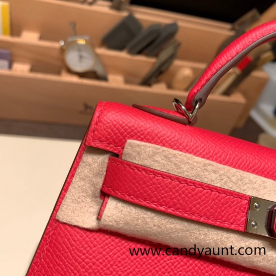 Hermes kelly20 epsom19cm I6 /Rose Extreme Silver Hardware  Full Handmade kellymini-085