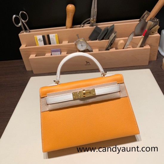 Hermes kelly20 epsom19cm 9H/Soleil & 01/White (Blanc) Gold Hardware Full Handmade kellymini-087