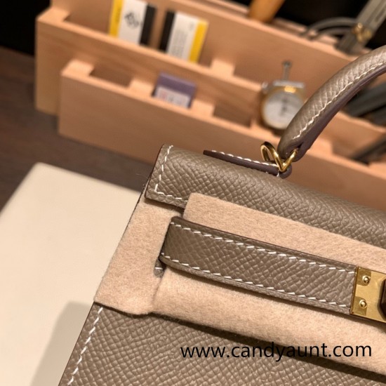 Hermes kelly20 epsom19cm 18/Étoupe Grey Gold Hardware Full Handmade kellymini-088