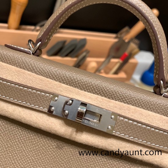 Hermes kelly20 epsom19cm Silver Hardware 18 /Étoupe Grey Silver Hardware Full Handmade kellymini-089